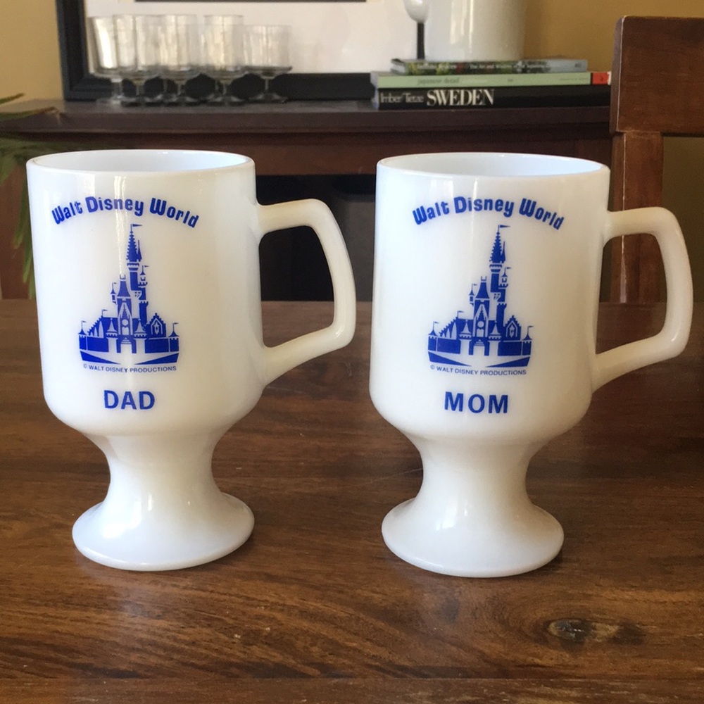 2 Walt Disney World Footed Milk Glass MOM & DAD Pedestal Coffee Cups Mugs Pair